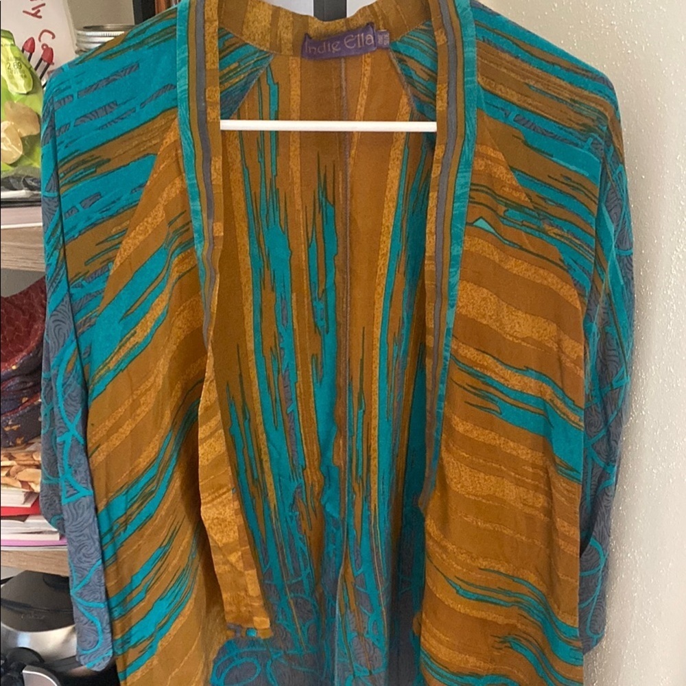 Silk Indie Ella Boho Brown & Teal Drape Front Cardigan Summer Hippie Whimsical